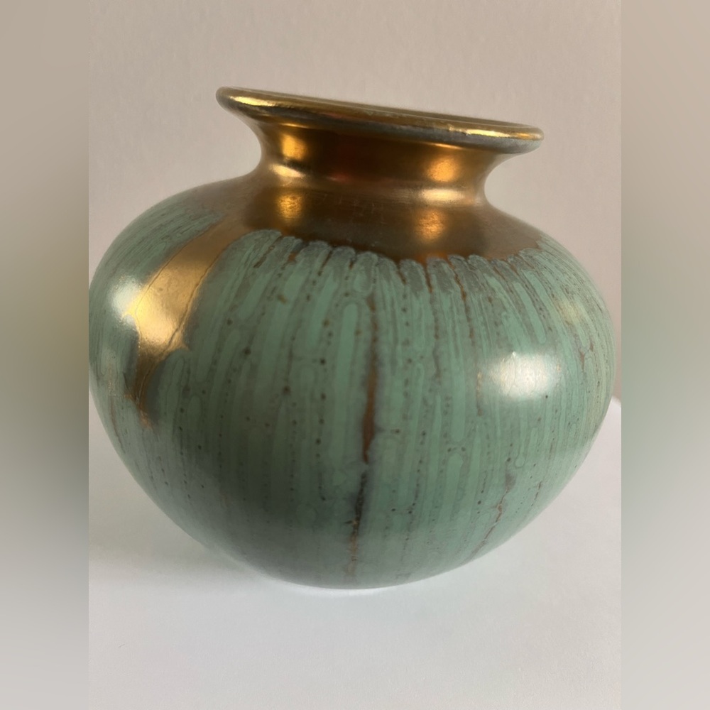 Vtg Mid Century Modern Art Pottery Vase green aqua & hand painted Gold 4143